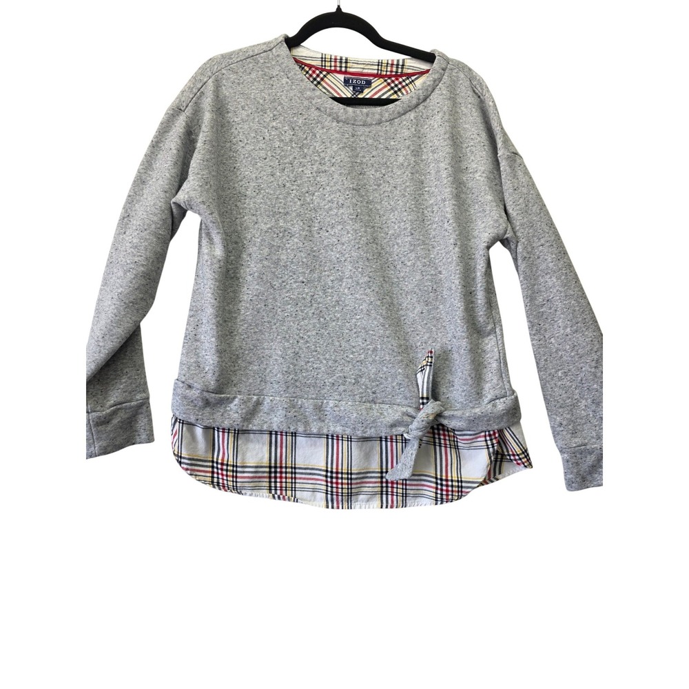 IZOD Womens Grey Marled Layered Plaid Hem Sweatshirt Side Tie Top Large - Picture 2 of 9